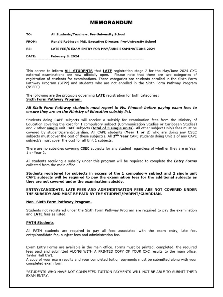 Pre-U Late Exam Entry Memo 2023-2024 | PDF