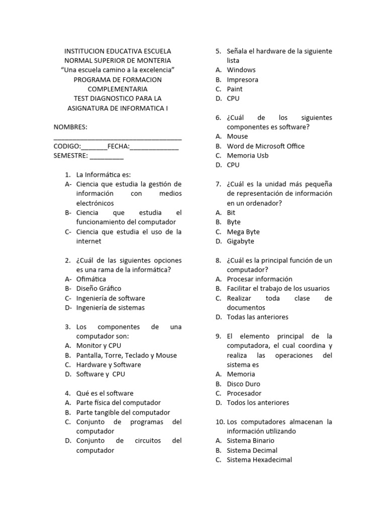 TEST DIAGNOSTICO | PDF | Hardware de la computadora | Informática