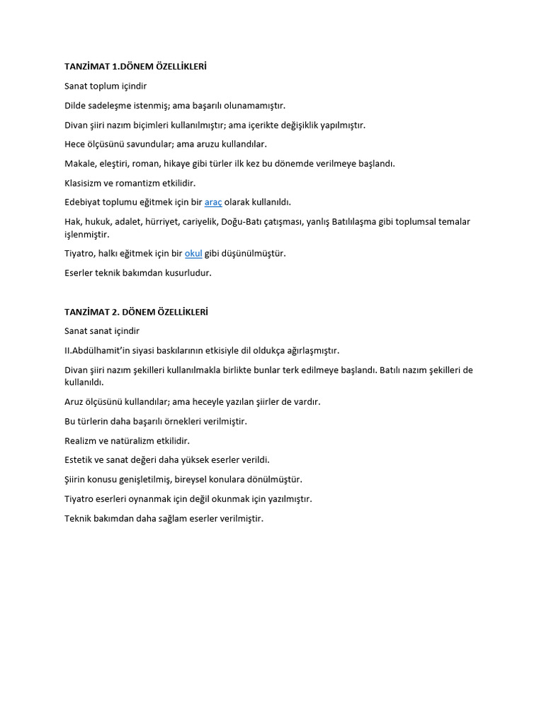 Tanzimat 1 Ve 2.donem Ozellikleri | PDF
