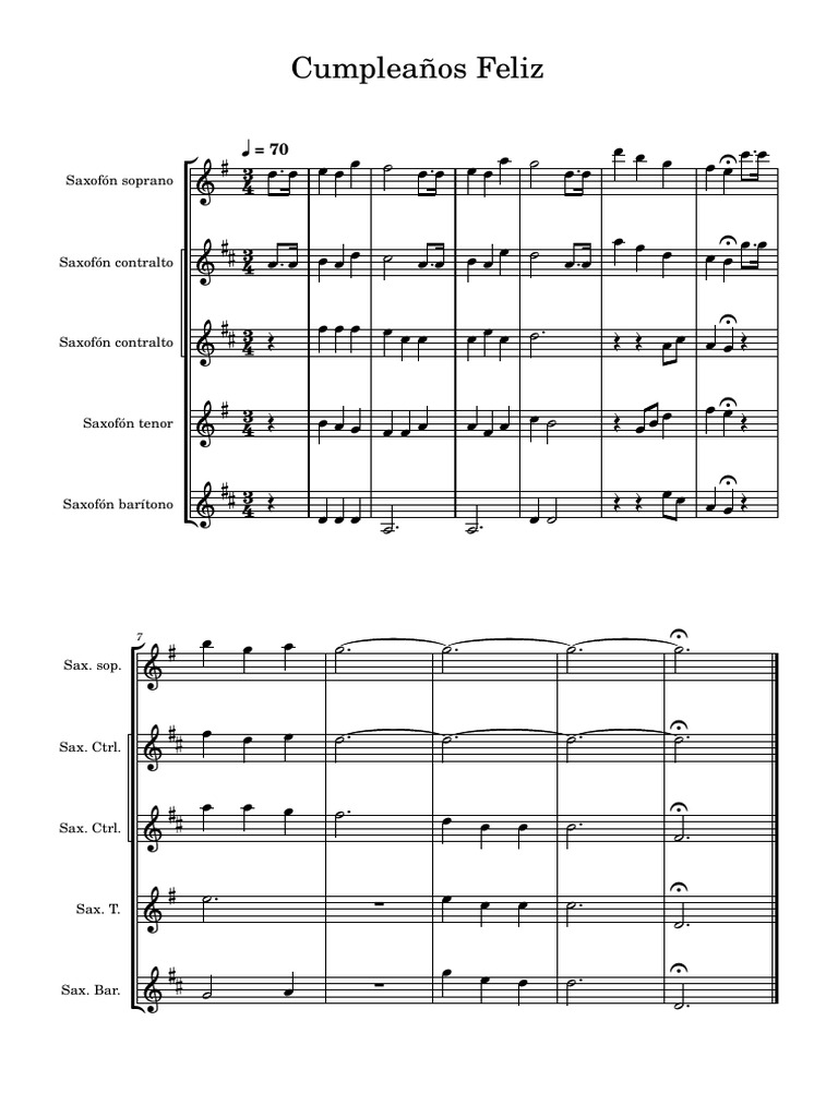 Partitura de Cumpleaños Feliz adaptada para saxofón con indicaciones de digitación