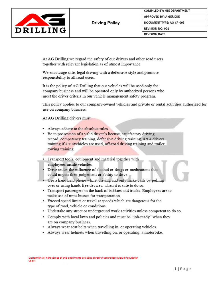 Image showcasing AG Drilling Driving Safety Policy | PDF | Vehicles | Driving