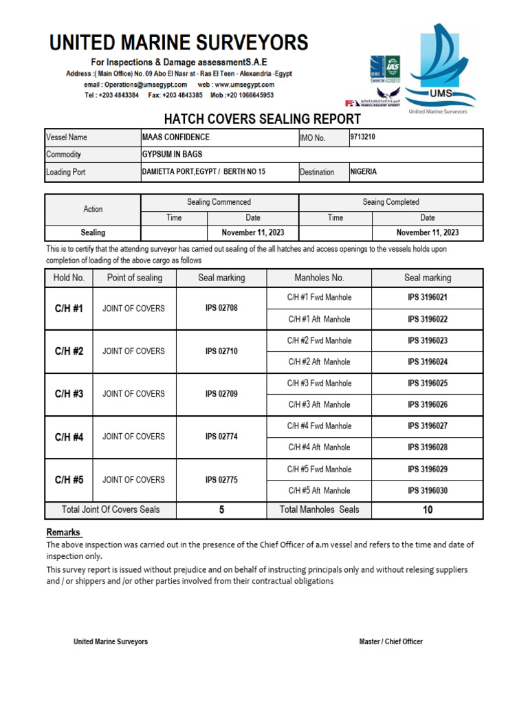 Hatch Covers Sealing Report | PDF | Freight Transport | Water Transport