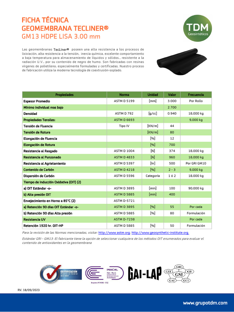 FT - Geomembrana - Tecliner - GM13 HDPE LISA 300 MM | PDF | Materiales ...