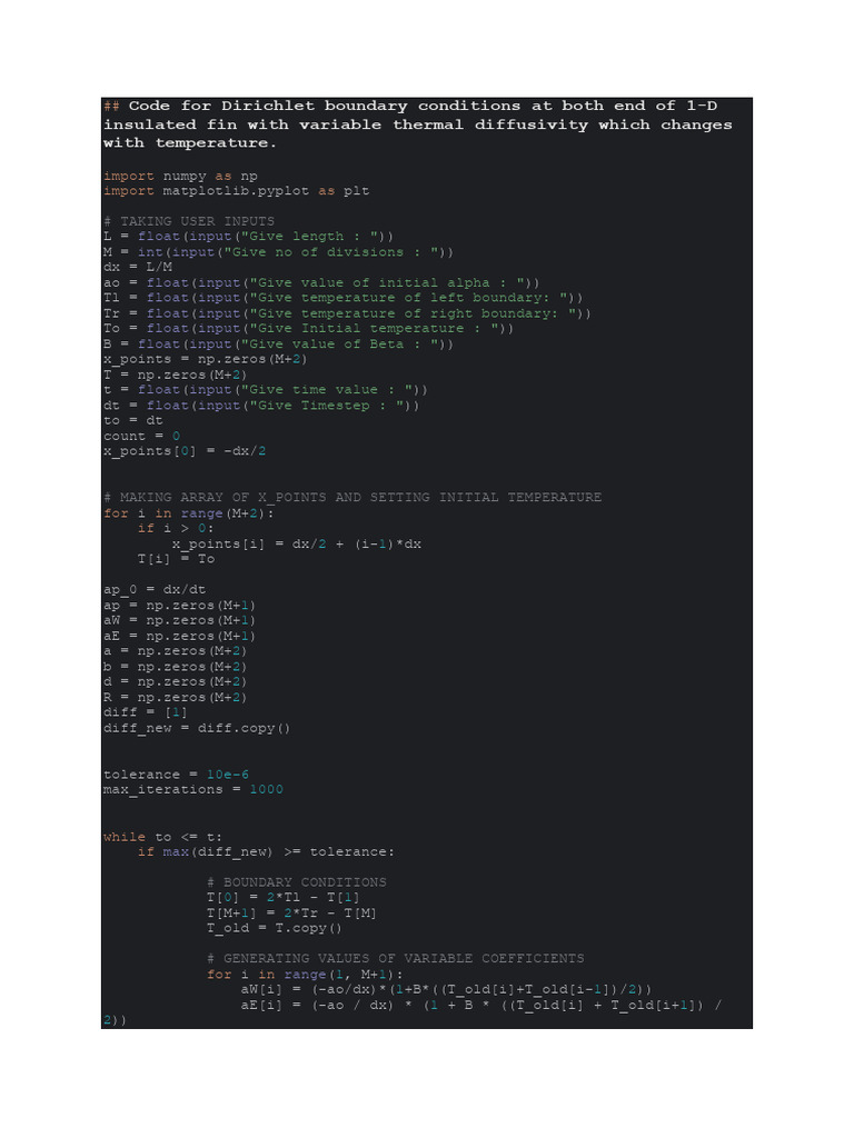 Code For Dirichlet Boundary Conditions at Both End of 1-D Insulated Fin ...
