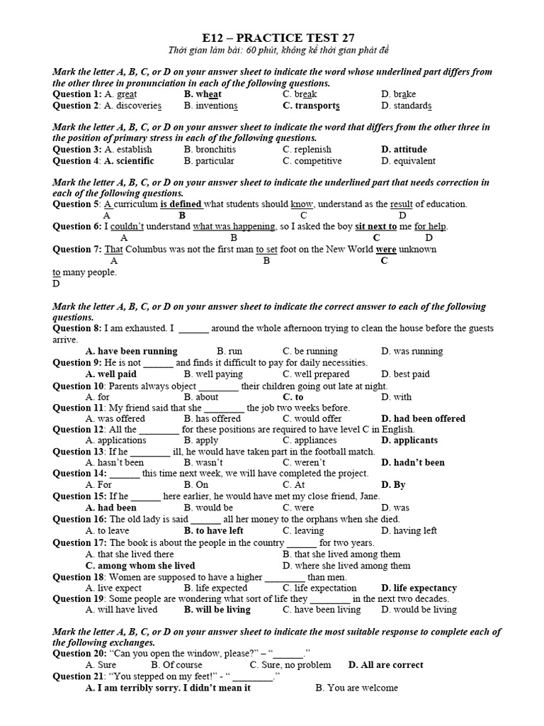 E12 Practice Test: English Language Skills | PDF | Sports & Recreation ...