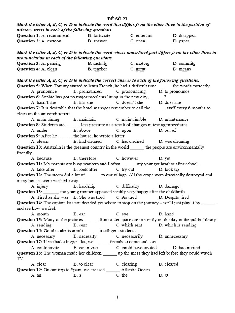 English Language Proficiency Test Questions | PDF | Artificial ...