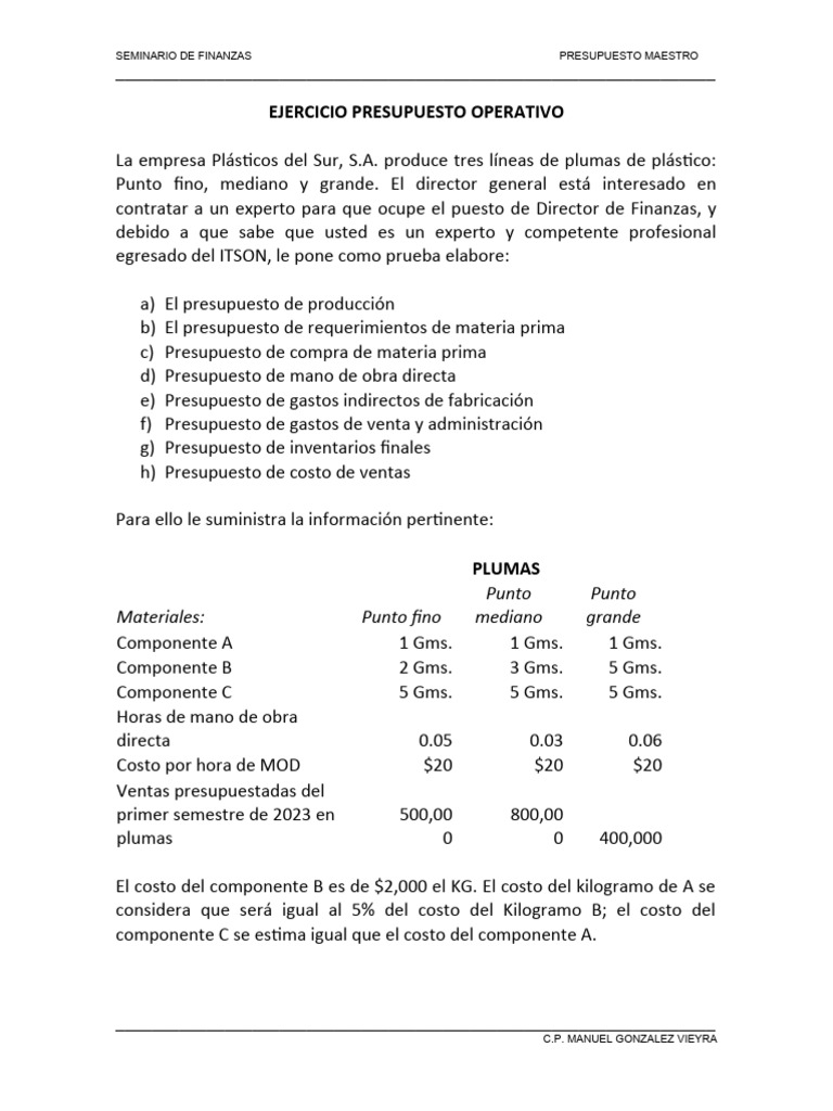 Ejercicio de Presupuesto Maestro (Plumas) | PDF | Presupuesto | Dinero