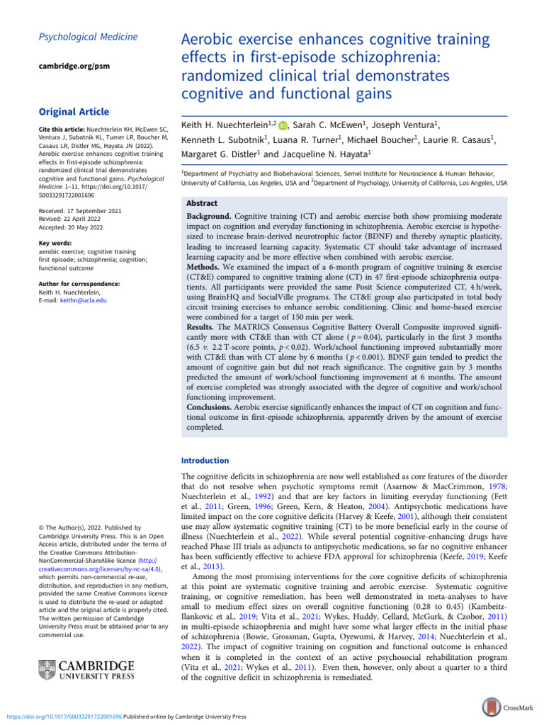 Aerobic Exercise Enhances Cognitive Training Effects in Firstepisode ...