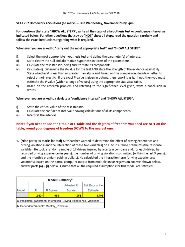 Stat 252 Homework 4 Solutions | PDF | Errors And Residuals | P Value