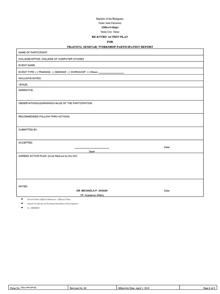 Re entry action plan for seminars training and workshop pdf