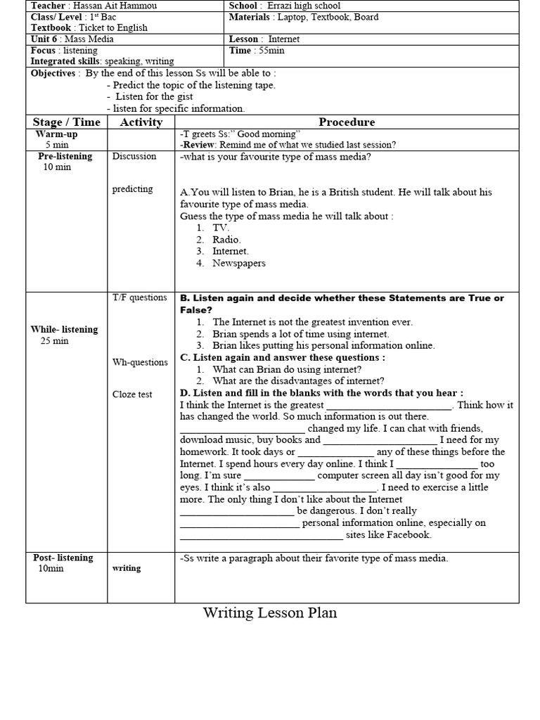 Lesson Plan Listening Internet Pdf Internet Mass Media