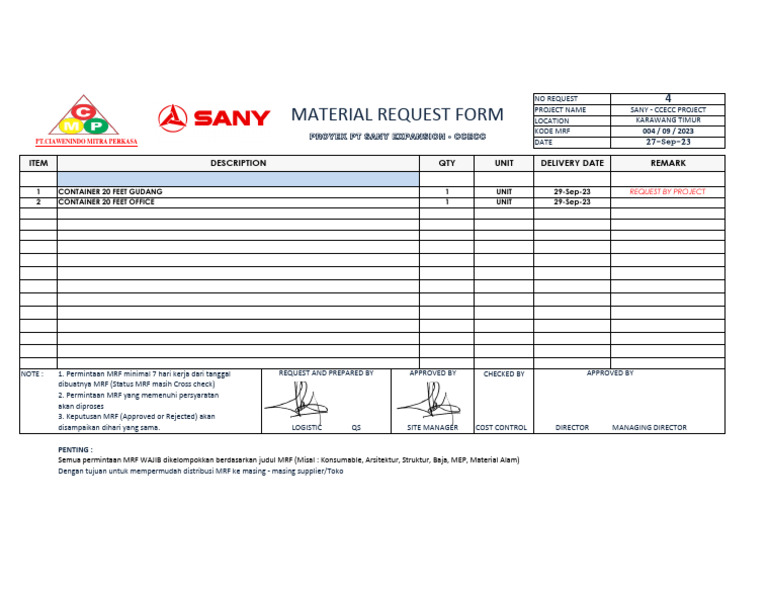 Formulir Permintaan Material Proyek SANY | PDF