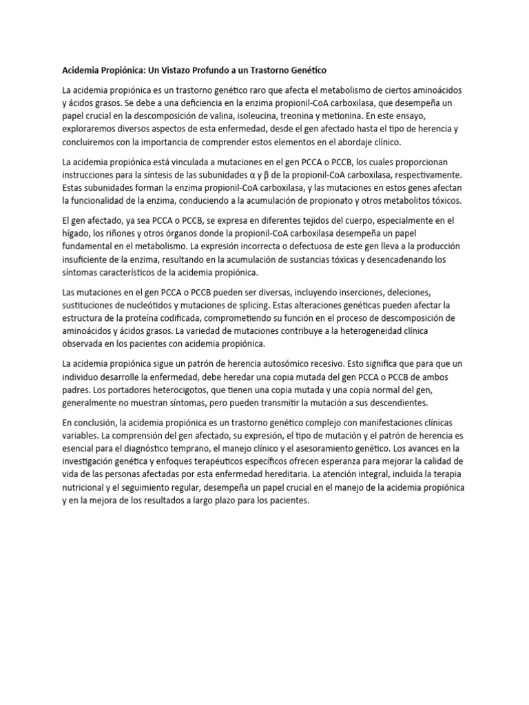 Acidemia Propiónica ENSAYO PDF Mutación Gene