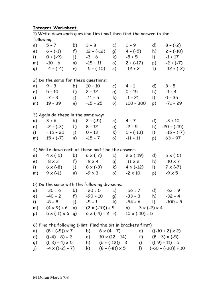 Integers Math Worksheet with Answers | PDF