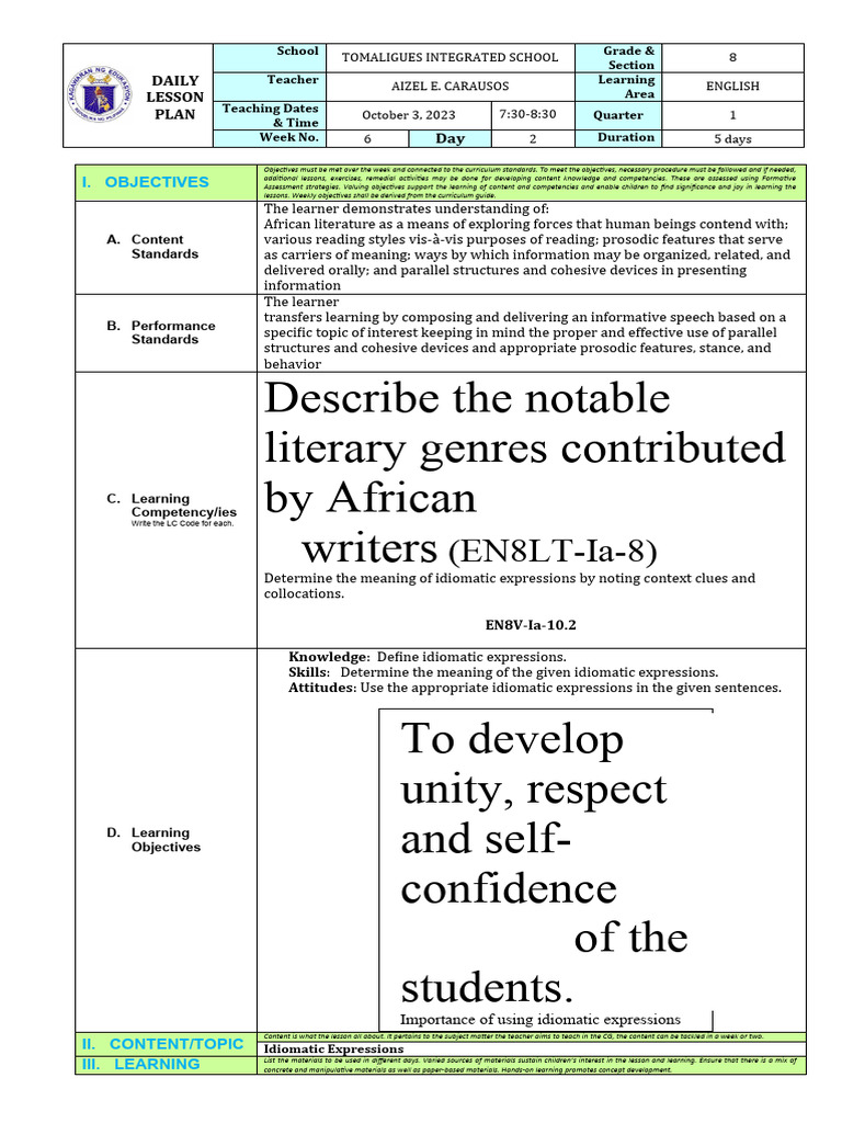 Grade 8 English Lesson: Idiomatic Expressions | PDF | Learning | Curriculum