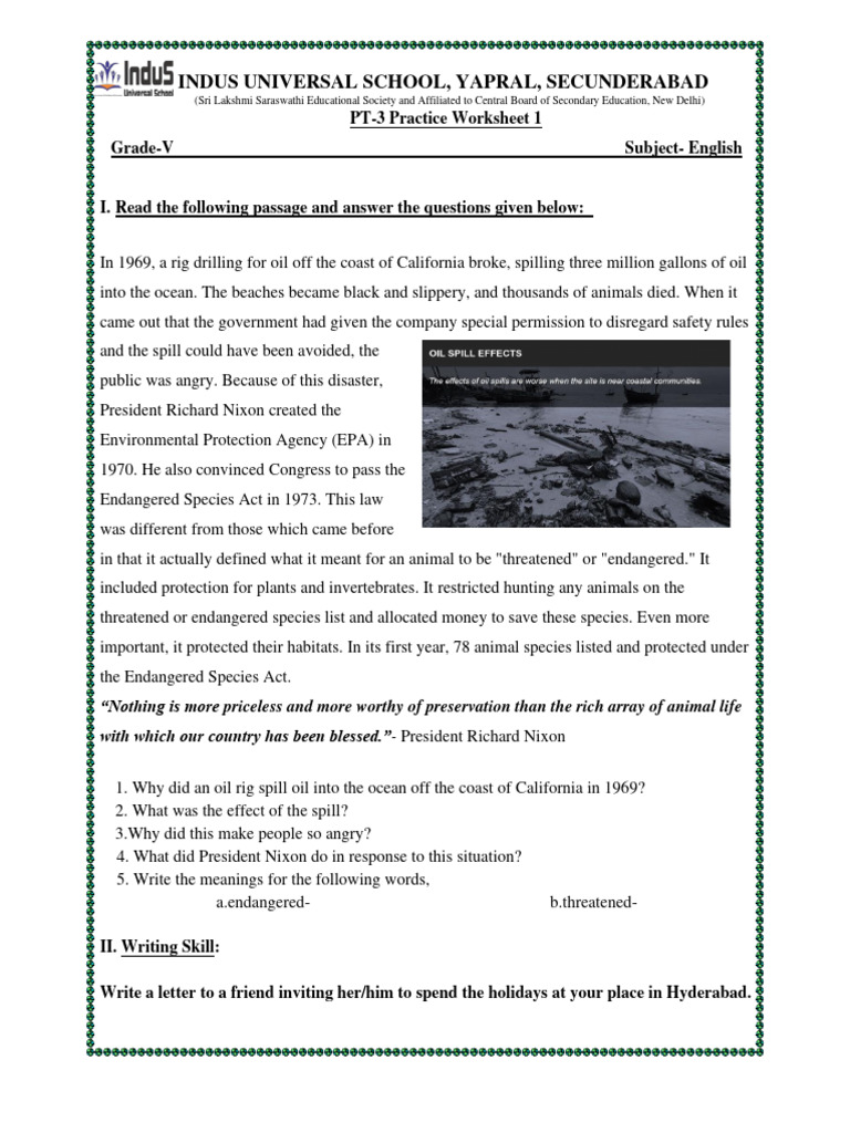 Gr5 Eng PT3 Practice Worksheet1 PDF Endangered Species Act Of