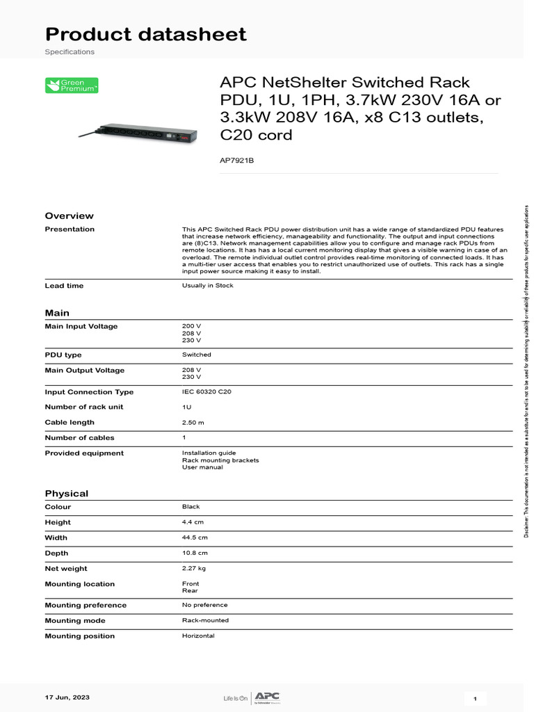 APC AP7921B Rack PDU Datasheet | PDF | Electrical Engineering | Electricity