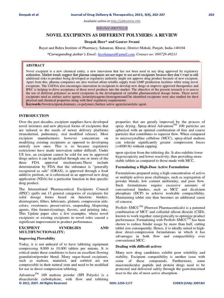 Novel Excipients As Different Polymers A Pdf Tablet Pharmacy