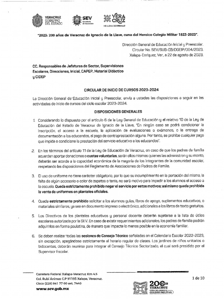 Circular Inicio de Clases 2023-2024 | PDF