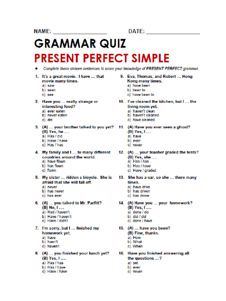 Present perfect QUIZ | PDF