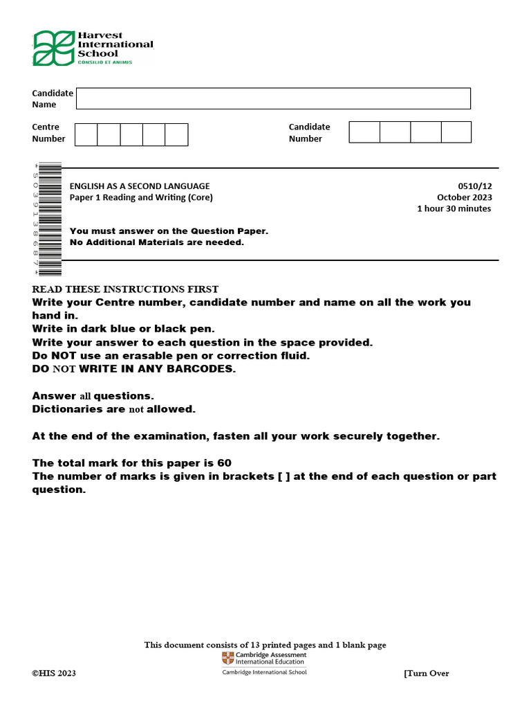 0510 - 12 - IGCSE2 - MT - 3 - QP - Sep 23 | PDF | Punctuation | Books