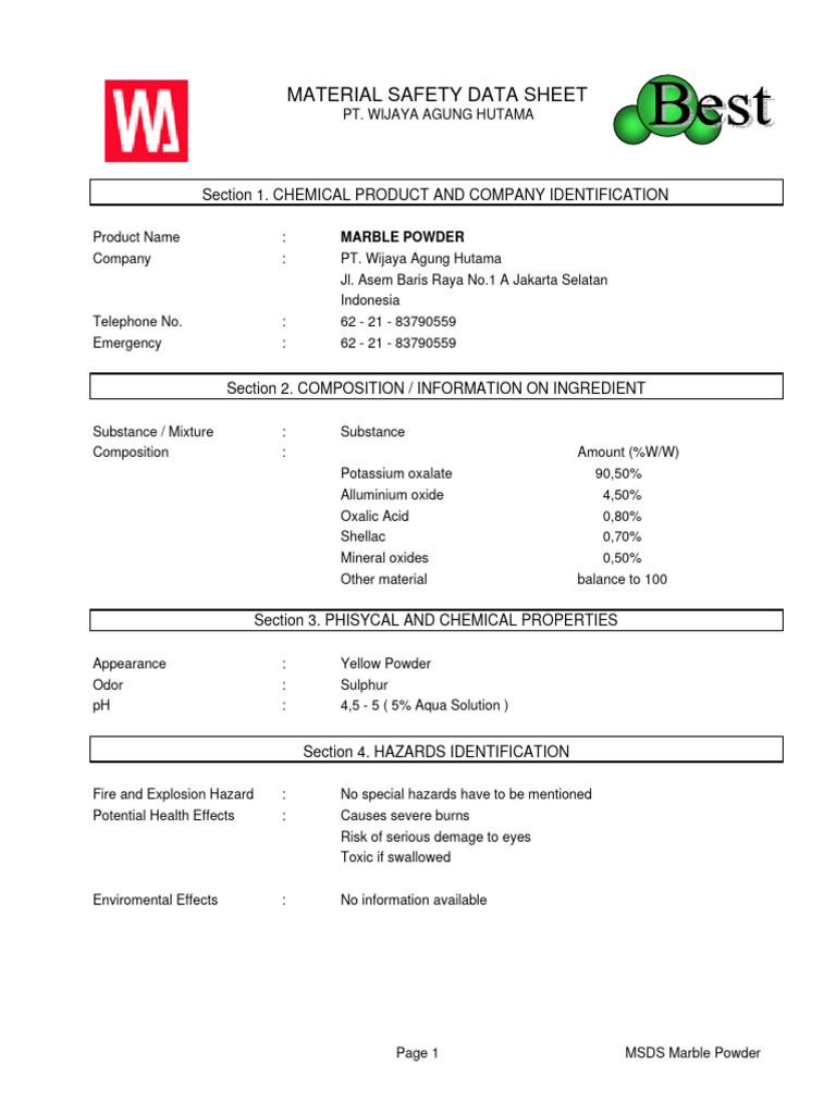 MSDS Marble Powder PDF Water Hazards