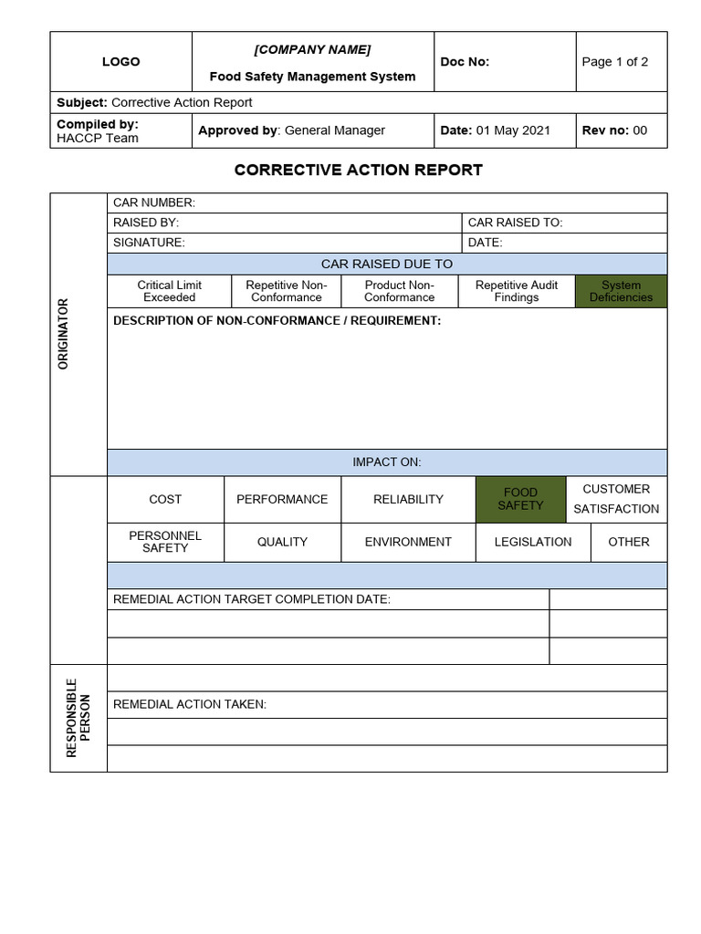 Food Safety Corrective Action Report | PDF | Safety | Business Process