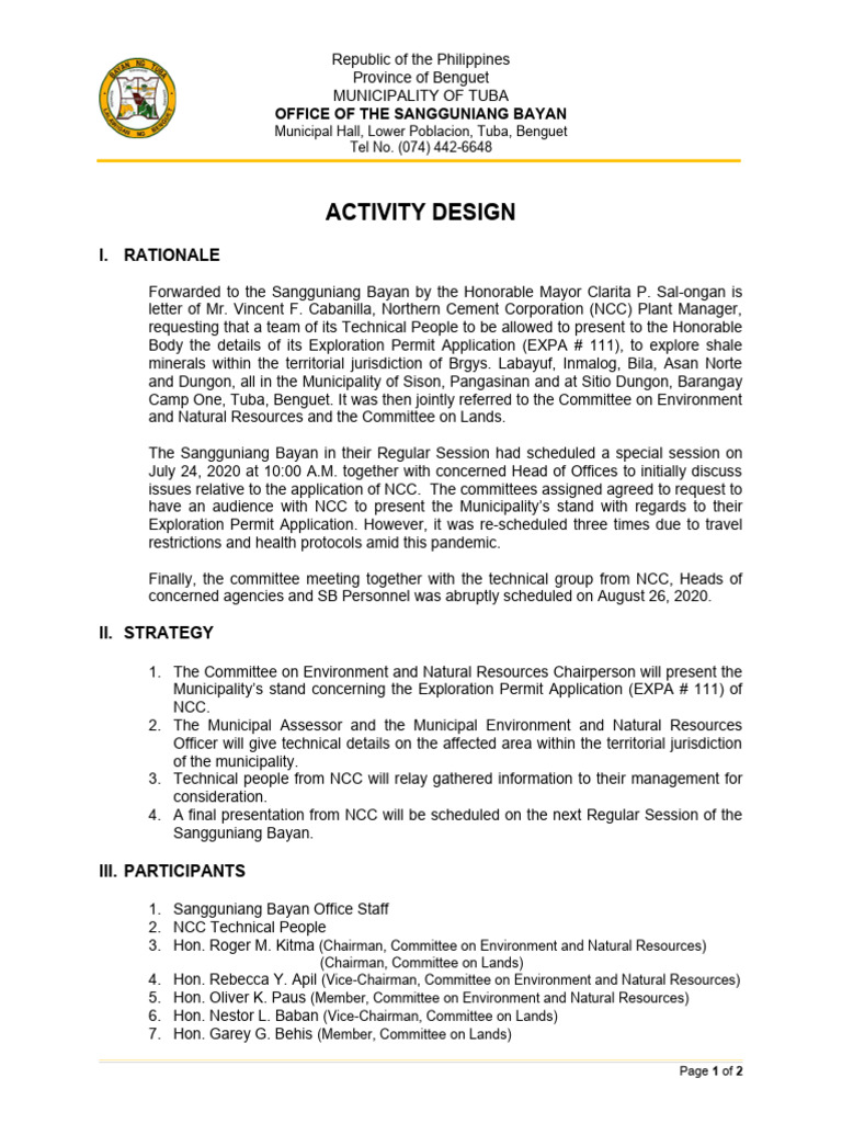Tuba Municipality Activity Design Plan | PDF