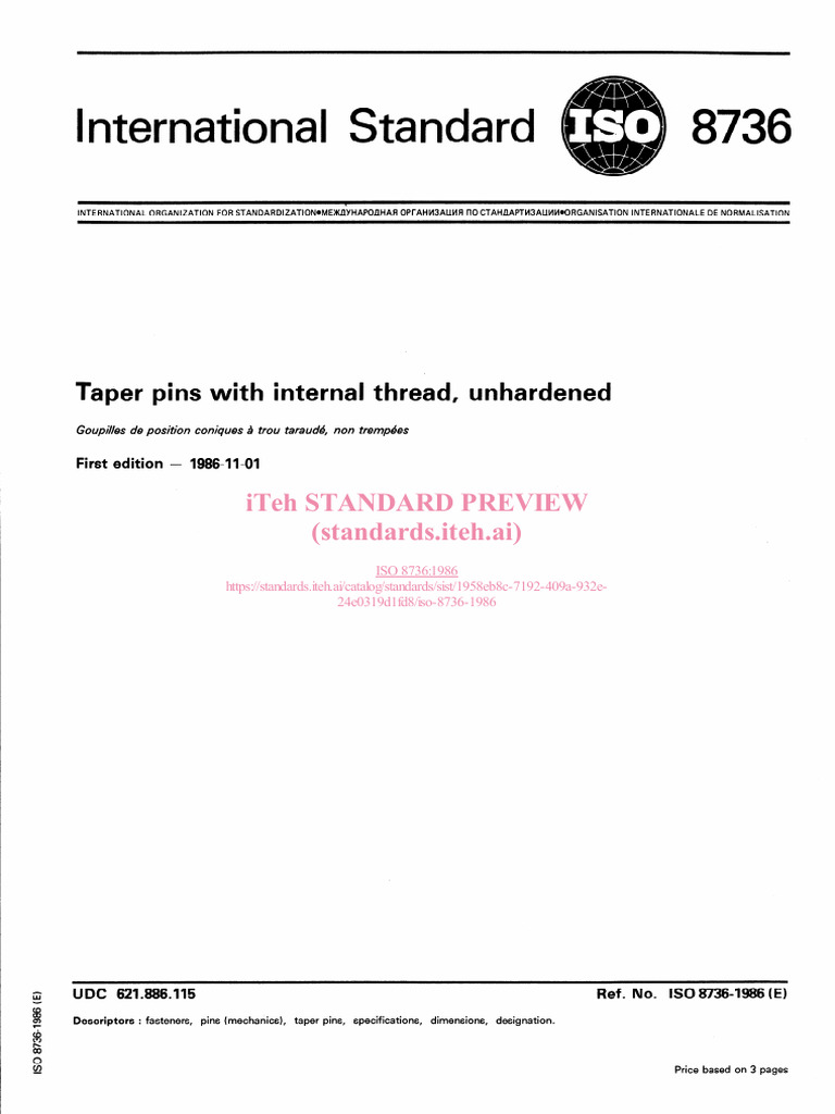 Taper Pin With Internal Thread ISO 8736 1986 Download Free PDF