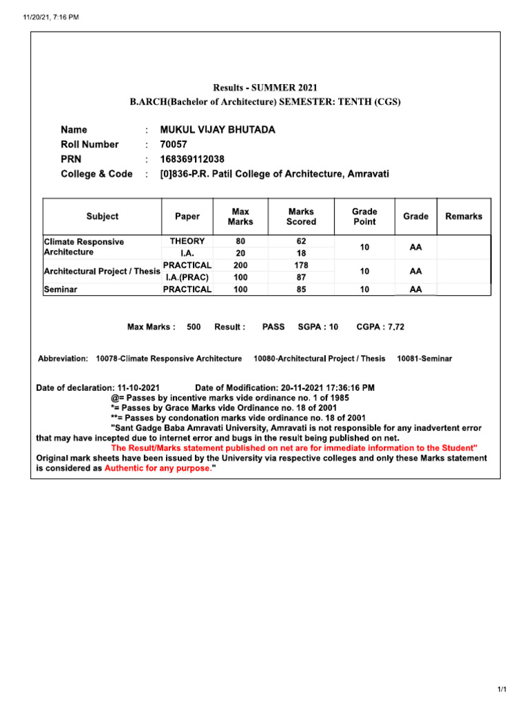 Final Yr Marksheet | PDF