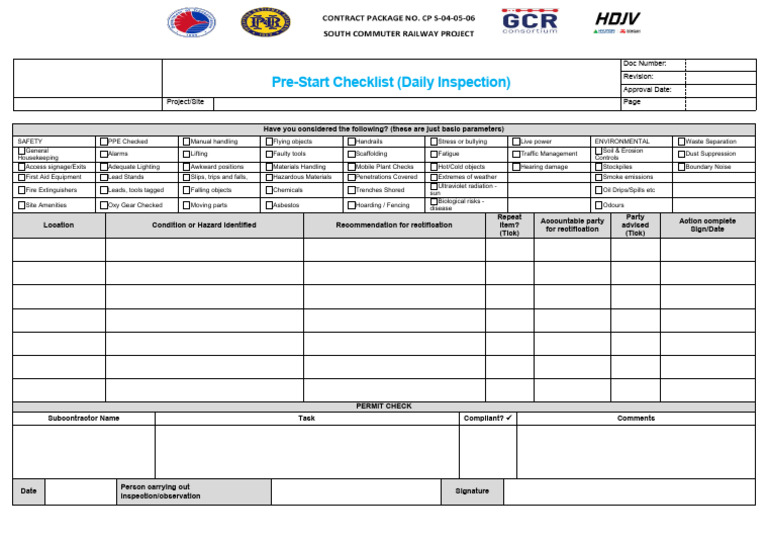 Daily Safety and Environmental Checklist | PDF | Safety | Working ...