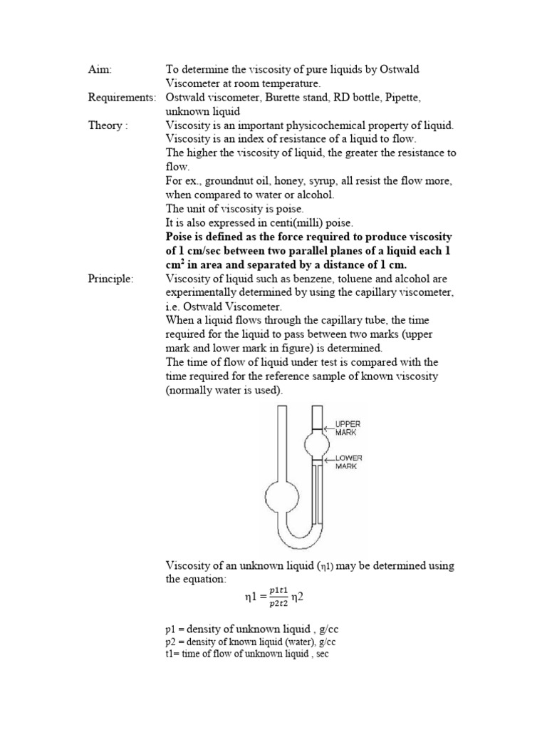 Viscosity Determination via Ostwald Viscometer | PDF | Viscosity | Liquids