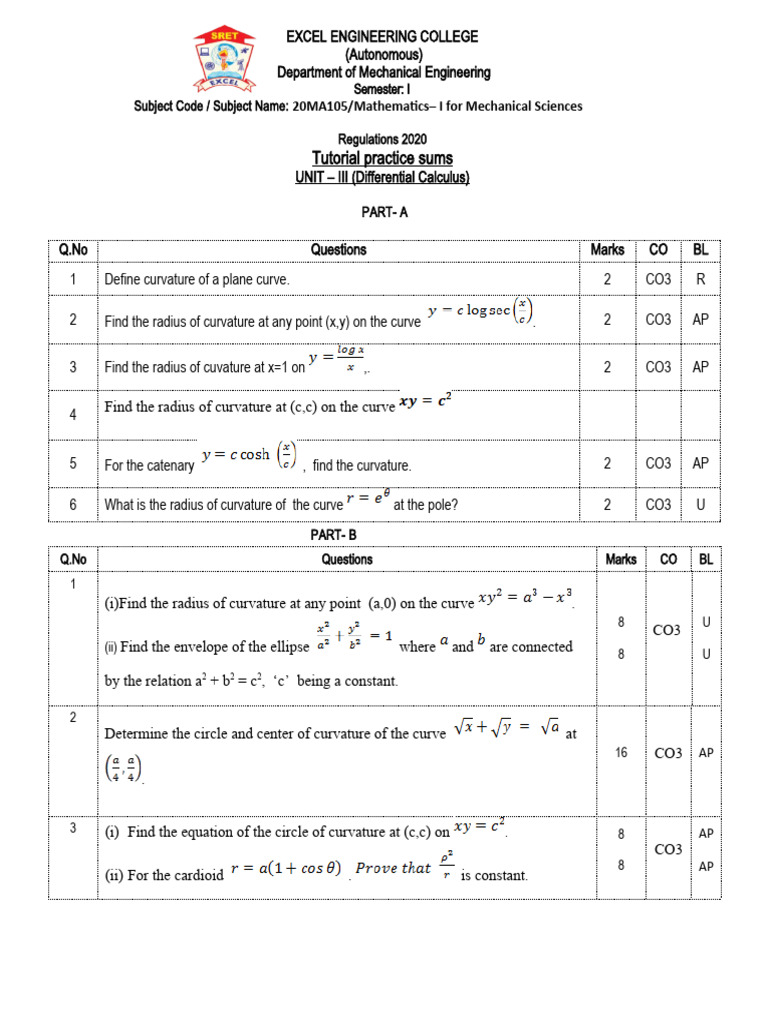 Calculus Exercises for Mech Eng Students | PDF | Curvature | Curve