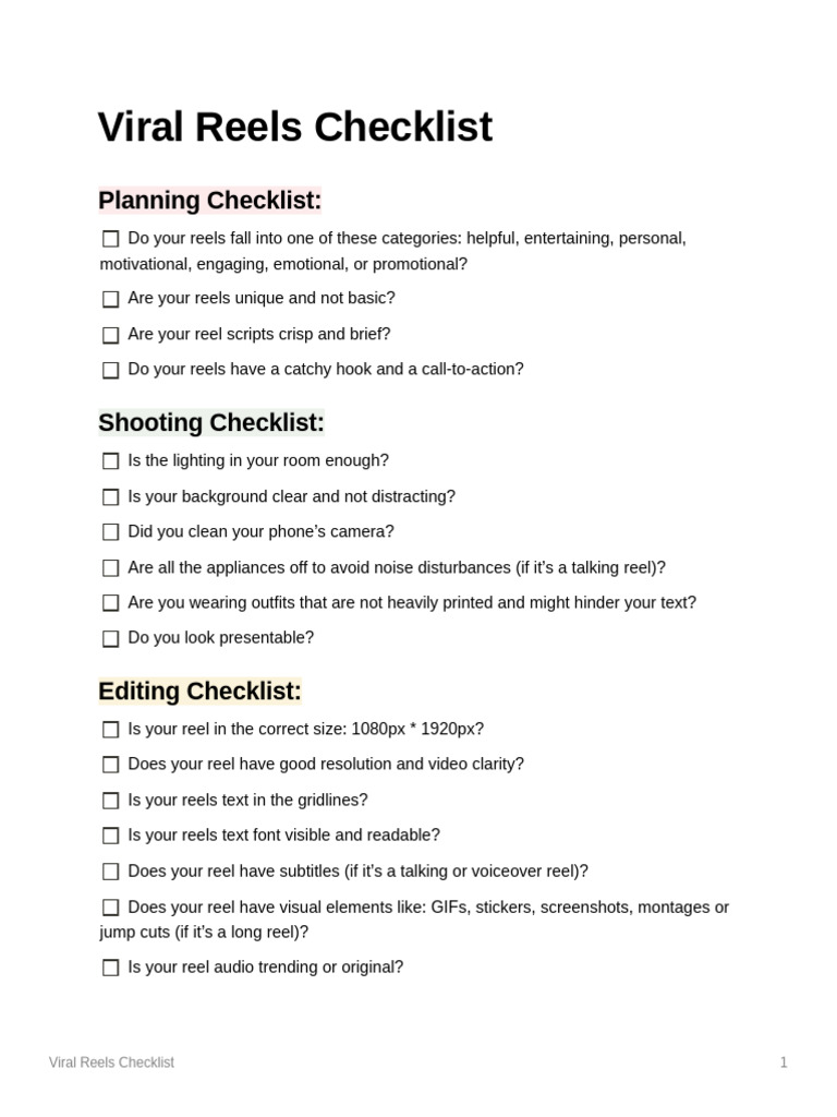 Viral Reels Checklist Pdf