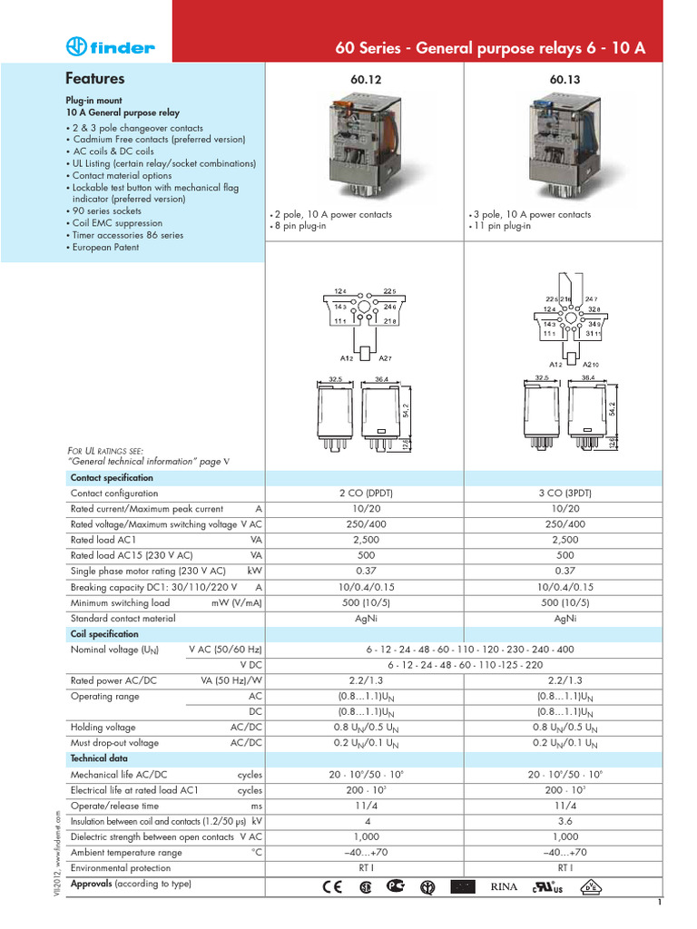 Finder 60.13 Relay Specifications | PDF | Alternating Current | Relay