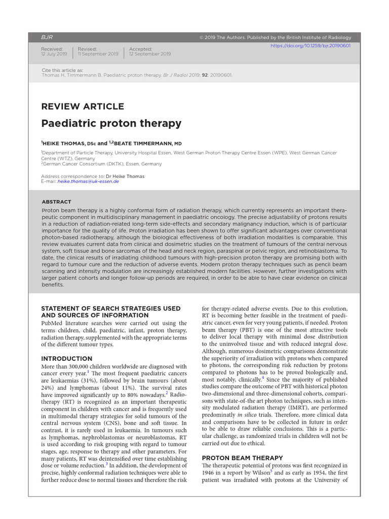 Paediatric Proton Therapy Thomas 2019 Pdf Radiation Therapy