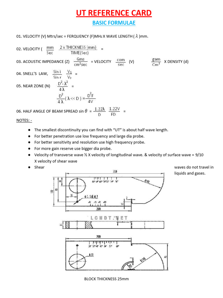 Ultrasonic Testing Formula Reference | PDF | Waves | Wavelength