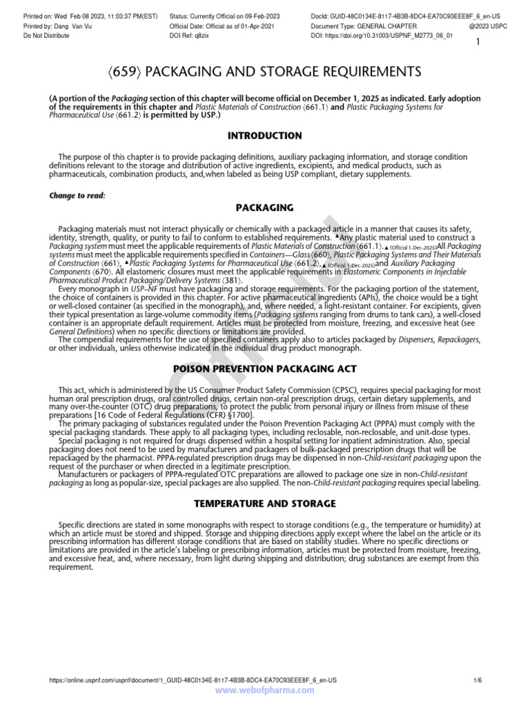〈659〉 Packaging and Storage Requirements USP Download Free PDF Over