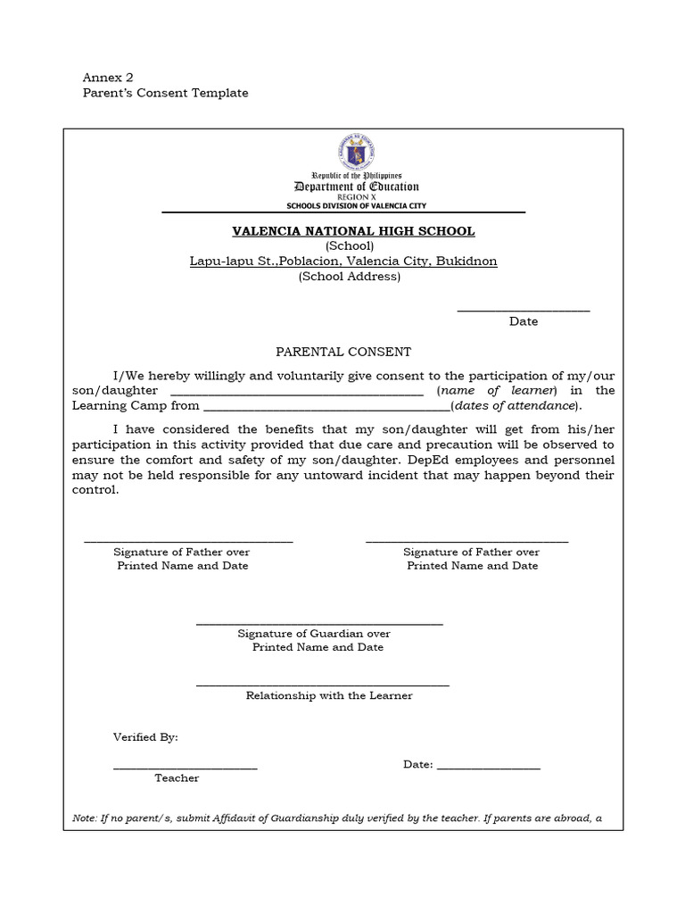 Annex 2 Parents Consent Template | PDF