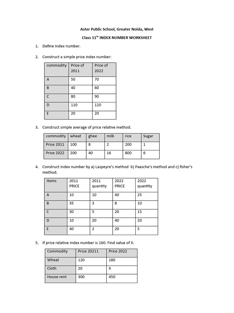 Class 11 Index Number Worksheet | PDF | Commodity | Economies