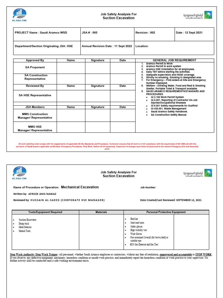 Job Safety Analysis for Suction Excavation | PDF | Housekeeping | Traffic