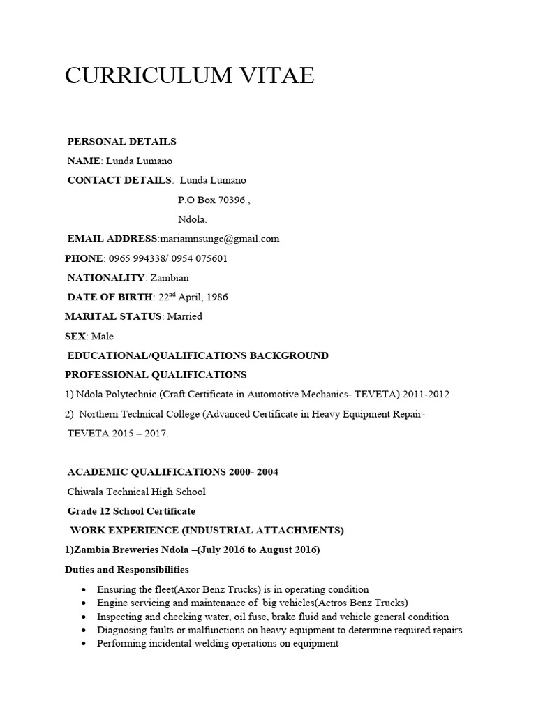 Curriculum Vitae - L.L Current | PDF | Zambia | Auto Mechanic