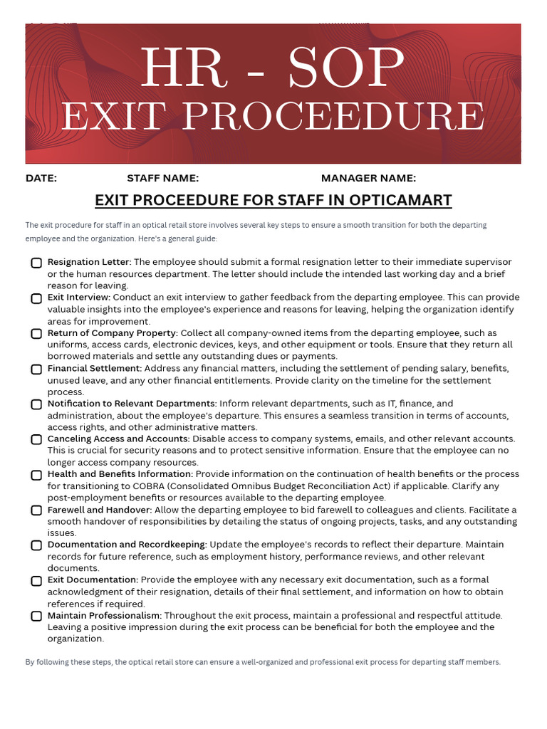 Staff Exit Procedure for Opticamart | PDF | Employment | Business