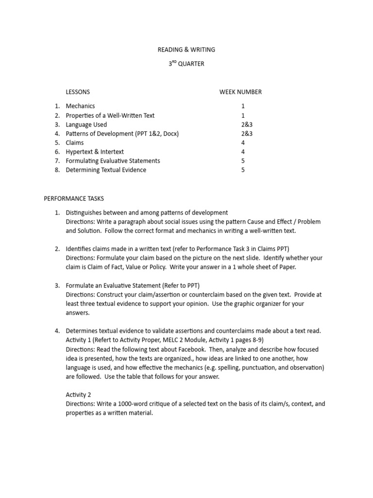 READING WRITING Lessons and Performance Tasks | PDF | Microsoft Power ...
