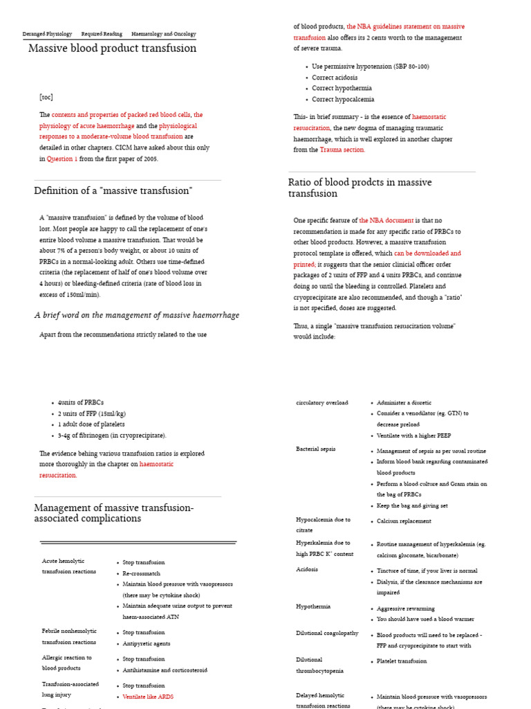 Massive Blood Product Transfusion - Deranged Physiology | PDF | Blood ...