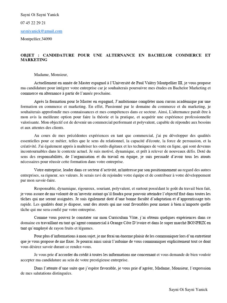 Candidature Alternance Commerce Marketing | PDF | Commercialisation ...