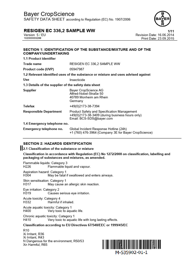 Resigen EC Safety Data Sheet | PDF | Toxicity | Dangerous Goods