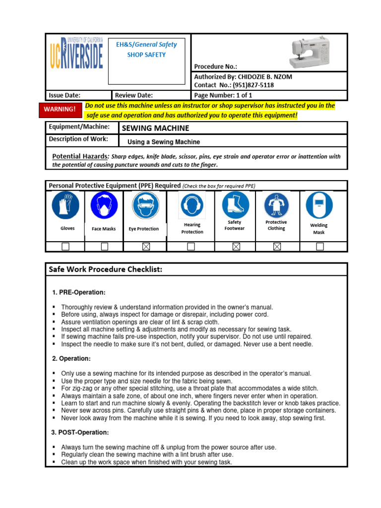 Shop Safety Safe Work Procedure SEWING MACHINE PDF Sewing Sewing