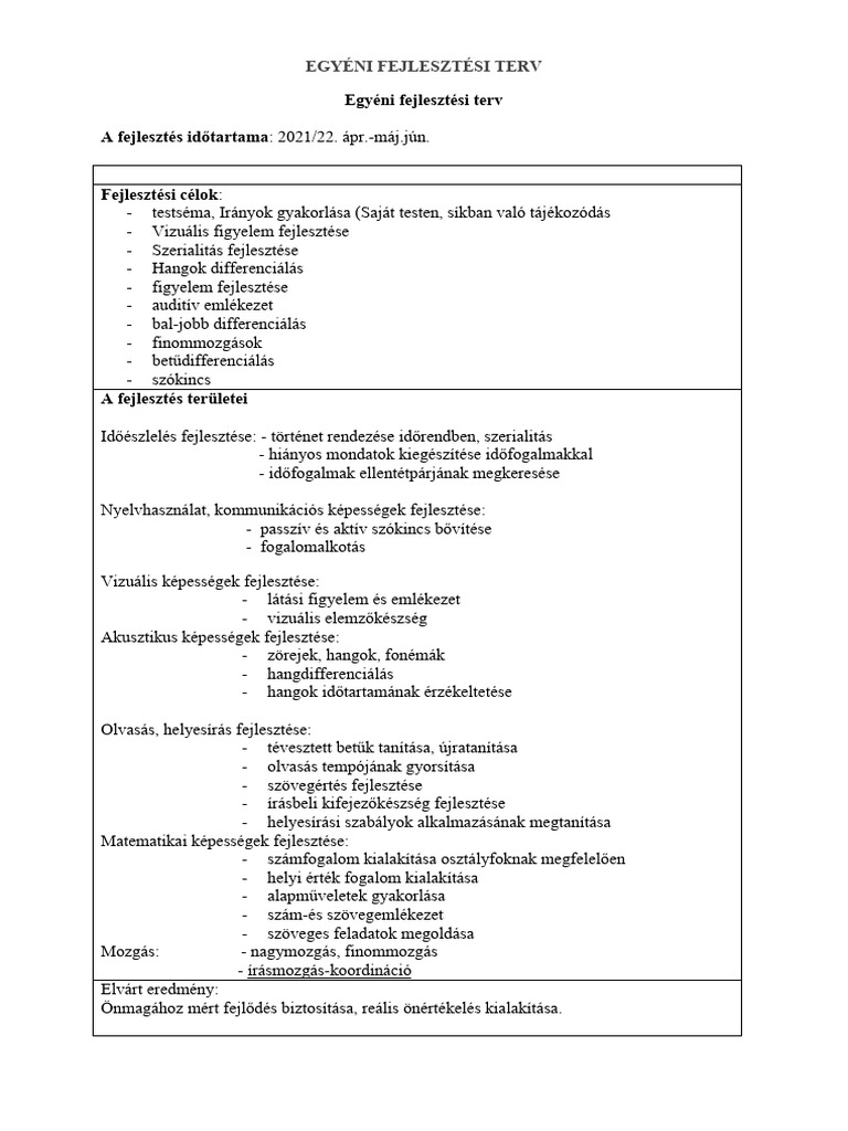 EGYÉNI FEJLESZTÉSI TERV 1.o. | PDF