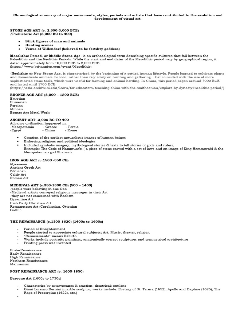 ART HISTORY Chronological Summary of Major Movements | PDF ...